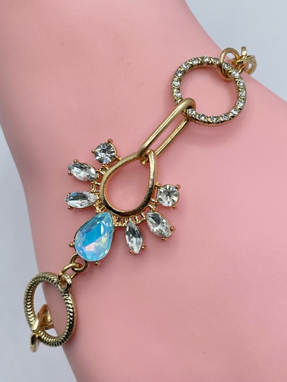 Gold Tone Crystal Toggle Bracelet Blue Teardrop Rhinestone Statement